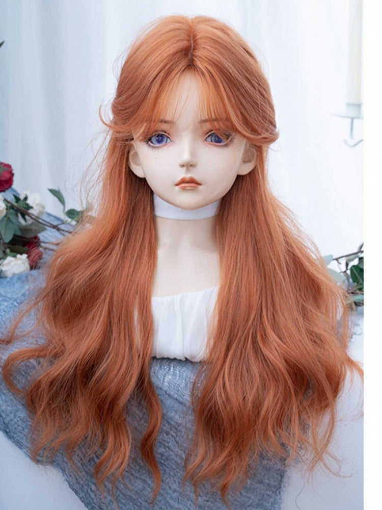 カーテンバング付きオレンジロングウェーブ合成ウィッグ
