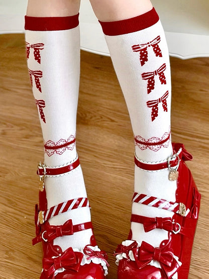 Calf Socks Red Polka Lolita White Pattern Bowknot Dot