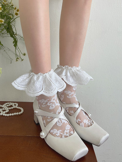 White Embroidered Pattern Trim Semi-Sheer with Wide Floral Socks