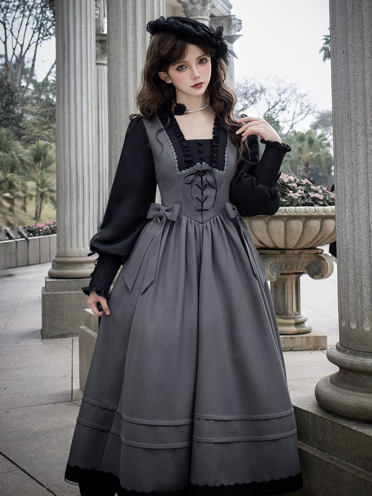 Elegantes Lolita-Kleid mit quadratischem Ausschnitt und langen Bischofsärmeln in Schwarz und Grau