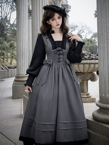 Elegantes Lolita-Kleid mit quadratischem Ausschnitt und langen Bischofsärmeln in Schwarz und Grau