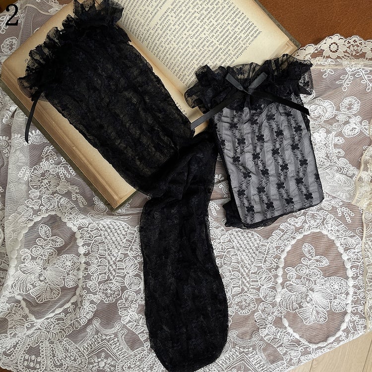 Black Floral Underknee Socks/Bowknot Trims Pattern Tights/Lace Leg Stockings/Tulle Loop