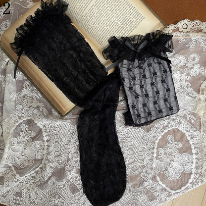 Black Floral Underknee Socks/Bowknot Trims Pattern Tights/Lace Leg Stockings/Tulle Loop