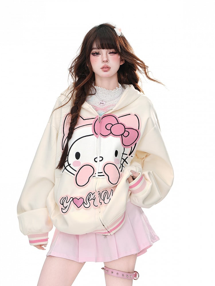 Apricot/Schwarz – Oversize-Kapuzenpullover mit Kätzchen-Stickerei und Reißverschluss