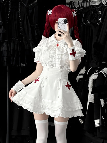 White Lace Blouse & Skirt Set with Straps & Bow - Shi Zhai Xin