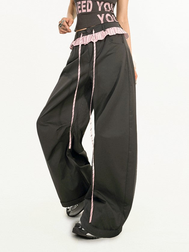 Two-piece Trim Wide-Leg Pants with Pink-Black Striped Black Faux Ruffle
