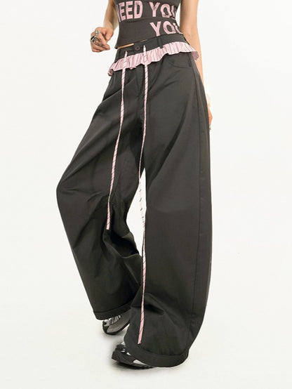 Two-piece Trim Wide-Leg Pants with Pink-Black Striped Black Faux Ruffle