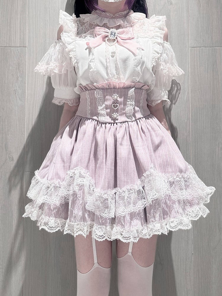 Pink & White Landmine Style Cutout Shoulder Short Sleeve Top with Rhinestone Bow and Lace - Virtual Paradise
