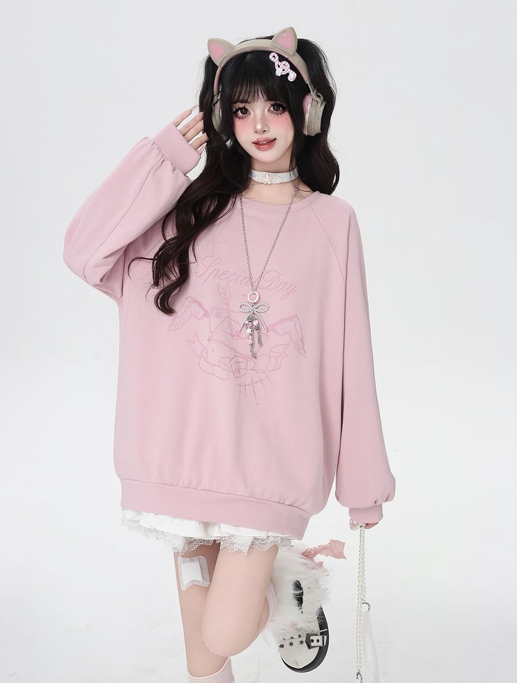 Round Neck Graphic Sweatshirt Self-tie Bowknot at Back Pink/Black