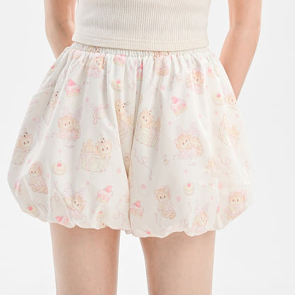 Bubble Shorts Waist Print Beige Elastic Allover Kitty
