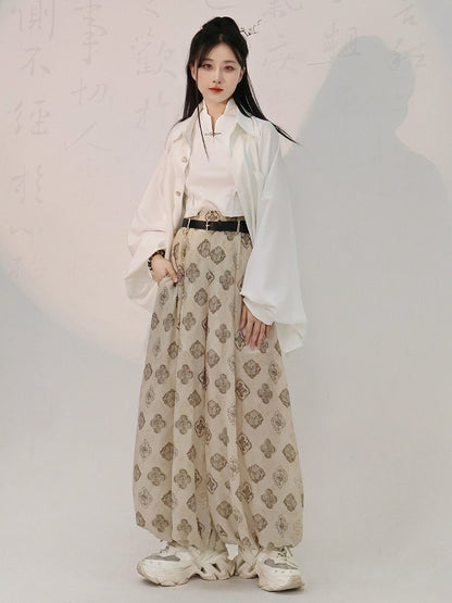 Beige Tang Dynasty Print Lantern Pants Belt Tassel