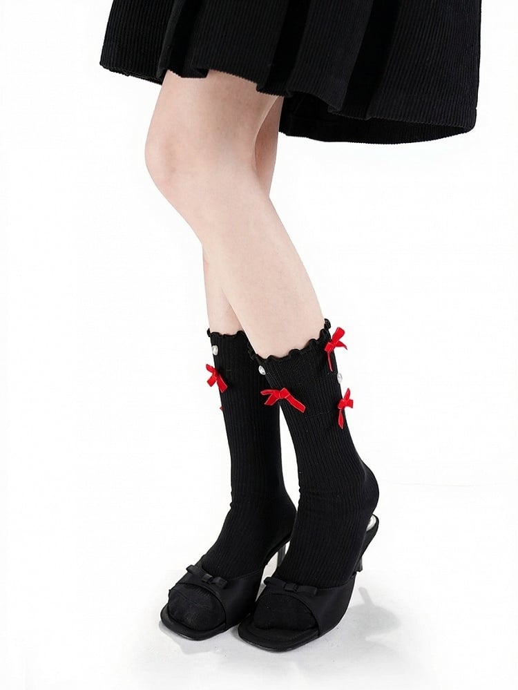Black and Red Bowknot Ankle Socks with Ruffle Trim - ModaSwings