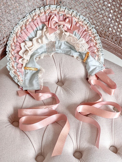 with Pink and Green Lace Sweet Ruffled Lolita Accents Bowknots Bonnet