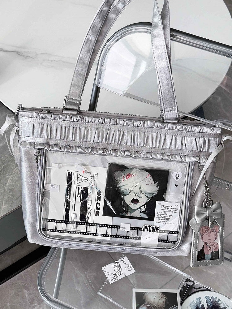 Trim Ita Bag Silver Ribbon Bow Large Capacity Tote Ruffled