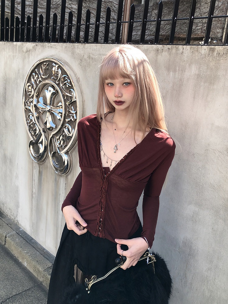 Cross Red Detachable Top V-Neck Rust Details with Necklace and Sleeve Vintage-Inspired Long Lace Hook
