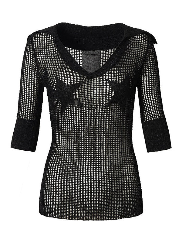 Black Star Pattern V-Neck Knit Top Hollow Out Punk - NO ROMANCE
