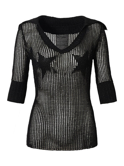 Black Star Pattern V-Neck Knit Top Hollow Out Punk - NO ROMANCE