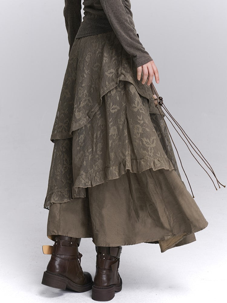 Lace Tiered Elastic Floral Waist Skirt Handkerchief Coffee Hem with