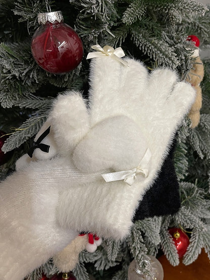 Schwarz/Weiße Lolita Herzschleifen-Plüschhandschuhe