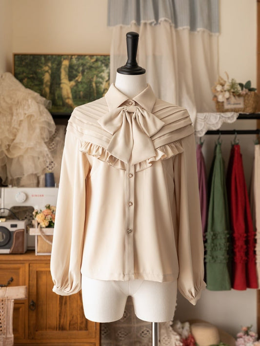 Beige Long Sleeves Ruffle Trim Shirt with Bow Tie