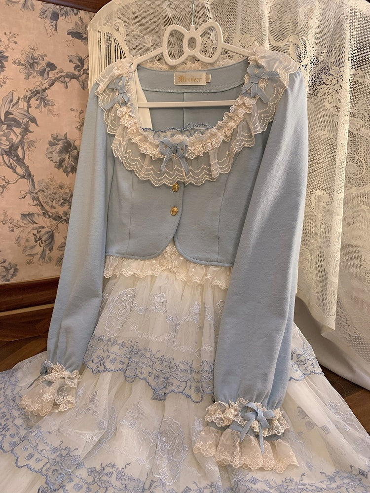 Autumn Trim Fashion Blue Accents Dusty Cropped Lolita Cardigan mit Spitzenschleife und