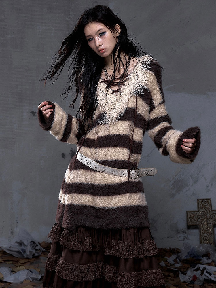 Sweater Vintage Faux Lacing Distressed Collar with Long Striped Yellow Crisscross Brown Punk Mink