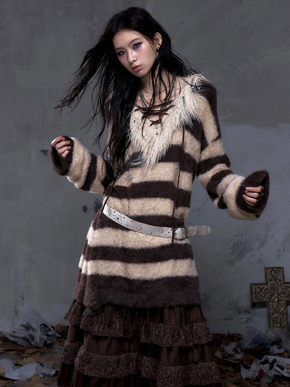 Sweater Vintage Faux Lacing Distressed Collar with Long Striped Yellow Crisscross Brown Punk Mink