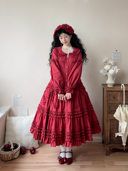 Detail Ruffle Red Elegant Sleeves with Button-Front Dress Tiered Long Lolita