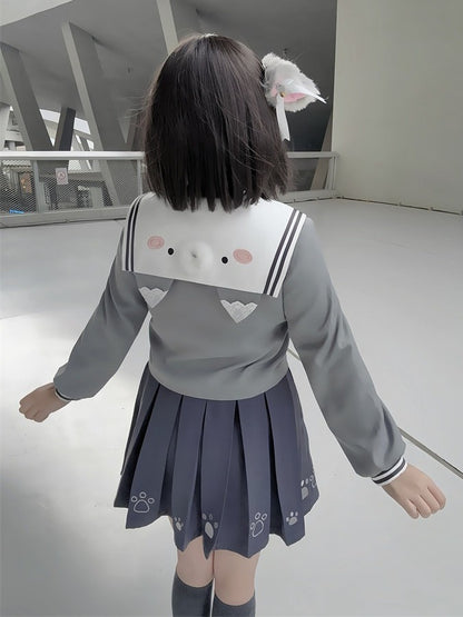 Wolf Motif Gray Sailor-Collar Long Sleeve Tee with Bows and Pom-Poms - To Alice