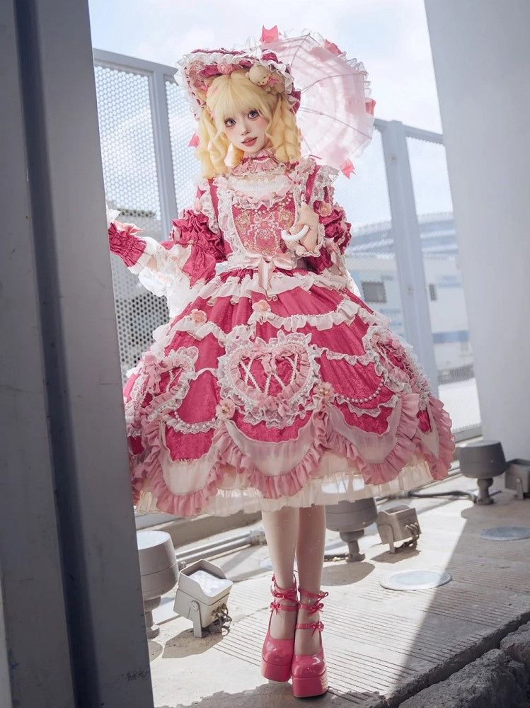 Hanayome Details Bead Embroidery Chain and Rosette Dress Rose Floral Lolita Pink