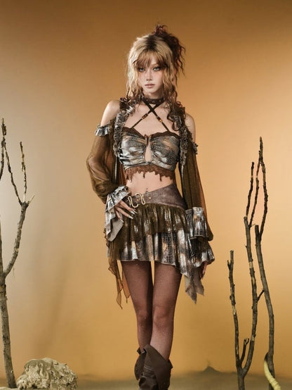 Hem Y2K Design Asymmetrical Skirt Brown Snakeskin