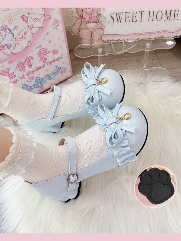 Accent Blue Bow Round Lolita Mid Toe Heels Berry Sweet PU with -