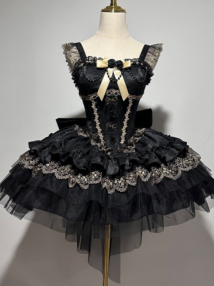 Fabric with Black Jacquard Boned Big Dress Train Balletcore Basque Bow Hime Lolita Waist