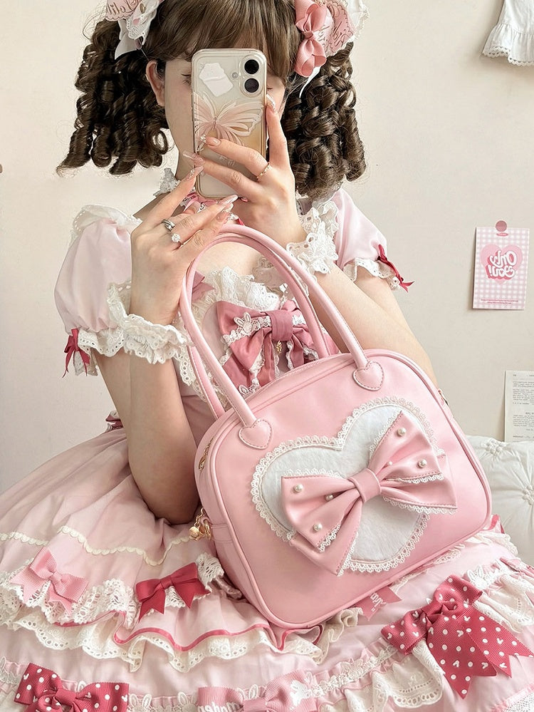 Perlenverzierte Schleife Plüschhandtasche Rosa Süßes Lolita-Herz
