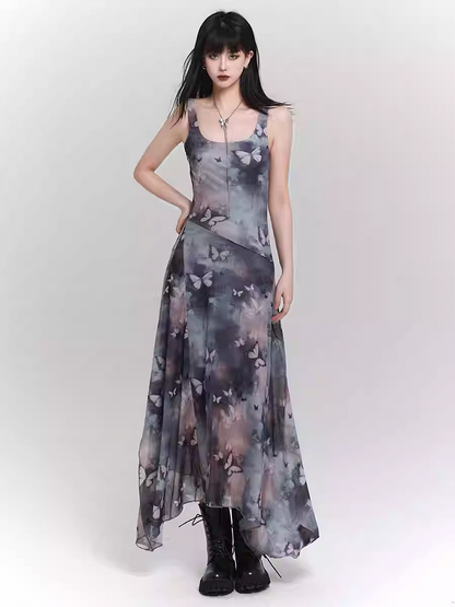 Blue & Purple Butterfly Print Asymmetrical Hem Sleeveless Dress