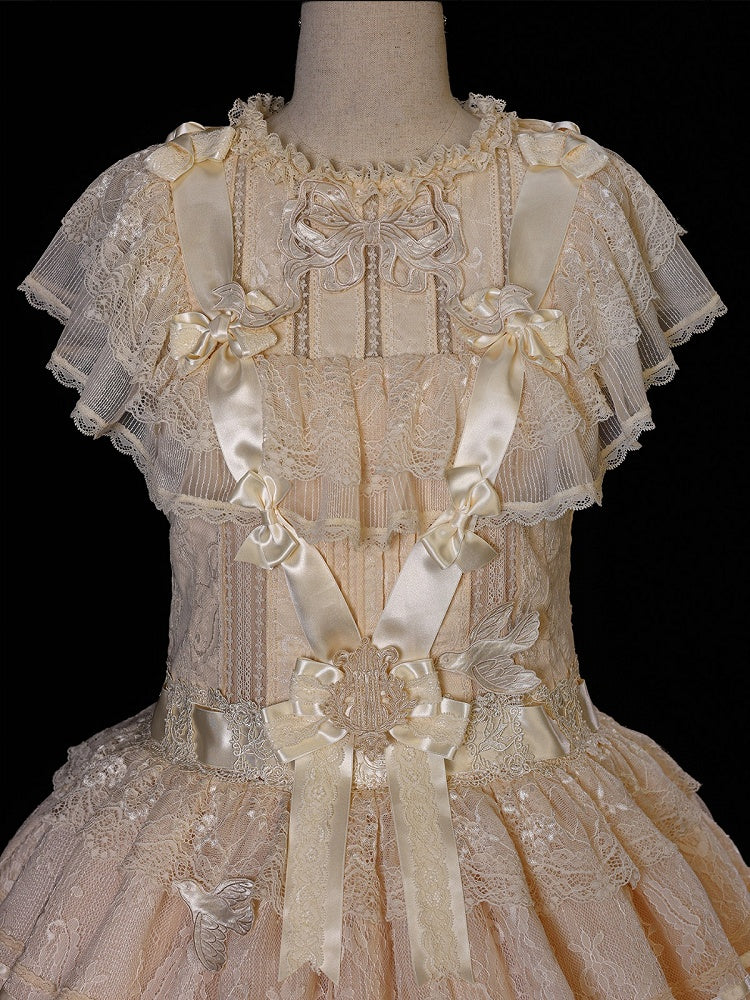 Retro Beige Lolita Lace Gown with Satin Ribbon Accents - Twin Bear Original Design