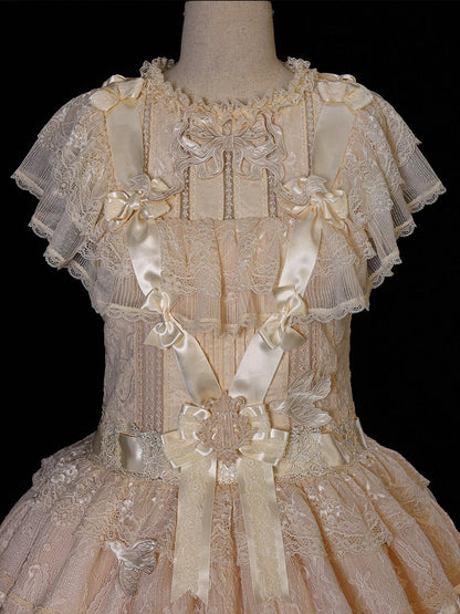 Retro Beige Lolita Lace Gown with Satin Ribbon Accents - Twin Bear Original Design