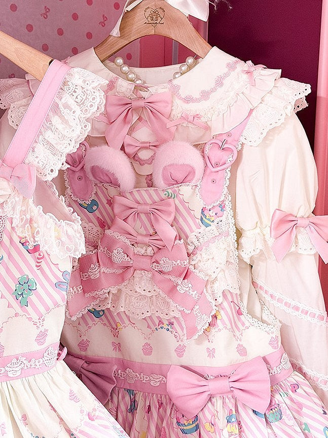 and Pink Sweet Lolita Bunny Print Dress Overall White Cupcake
