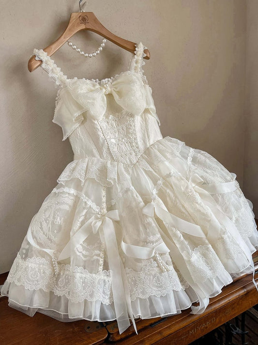 Kleid Prinzessin Lolita Weiß Taille auf und Band Schleifen Perlen Baskenrock Creme