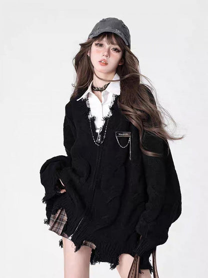 Cardigan Edgy Black Academiacore Zip-Up Knit