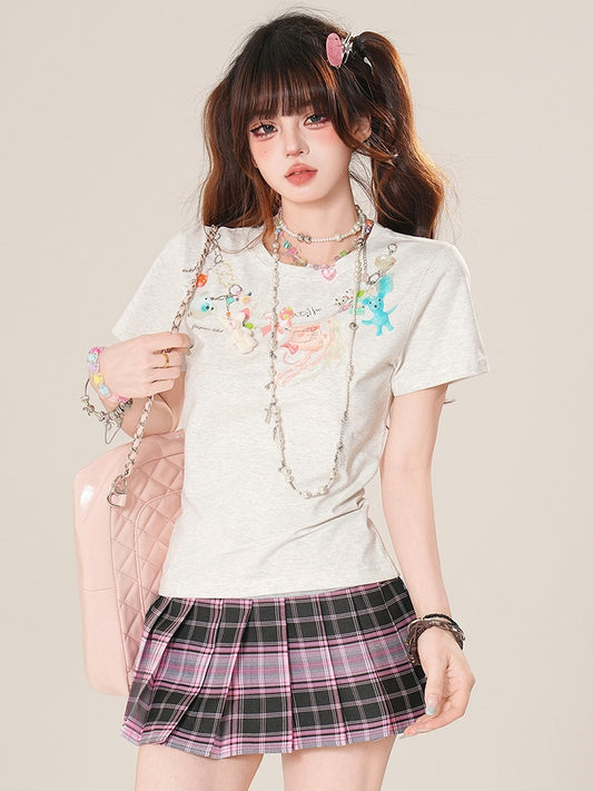 Cartoon T-shirt Print Glamorous Charm Chain Gray