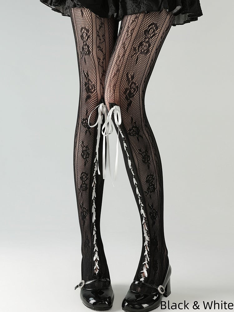 Detail Lace Lace-up with Lolita Colors Tights Pattern Floral 6