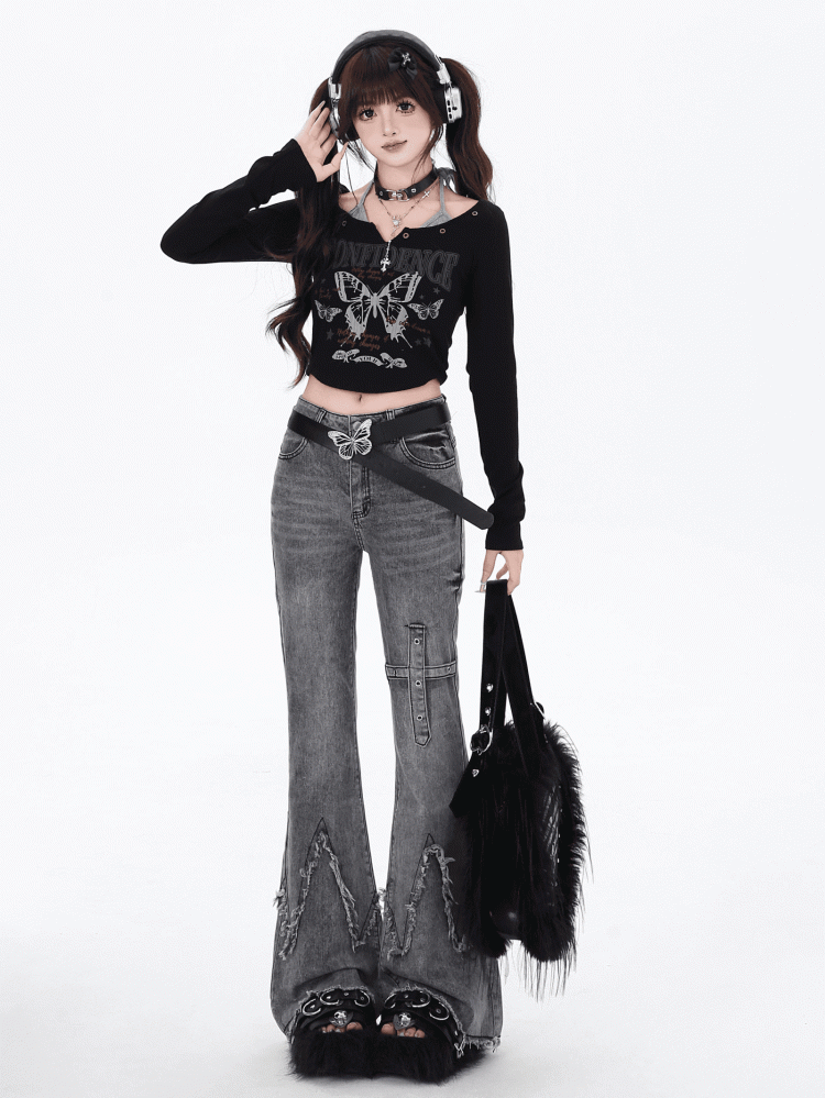 フレアジーンズ グレーエッジフィット ロースリム