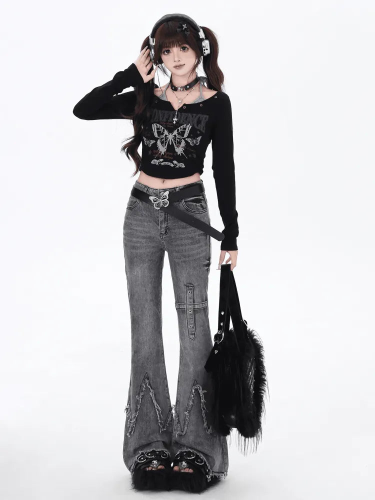 スリム ローフィット エッジ フレア グレー ジーンズ