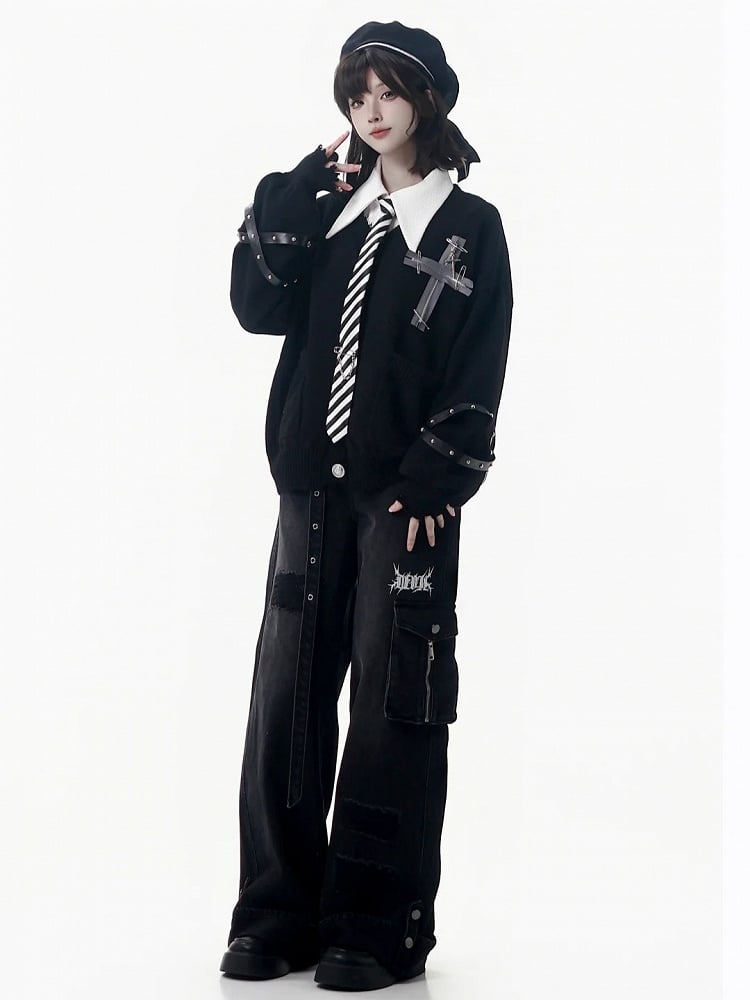 Strap Jeans Cuffs with Straight-Leg Black Rolled and Fixed Buckle