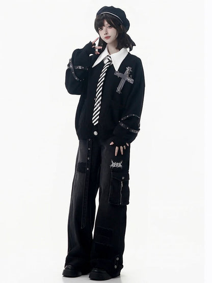 Strap Jeans Cuffs with Straight-Leg Black Rolled and Fixed Buckle