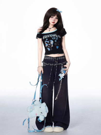 チェック柄パッチワークウエストブラックローライズワイドレッグジーンズ