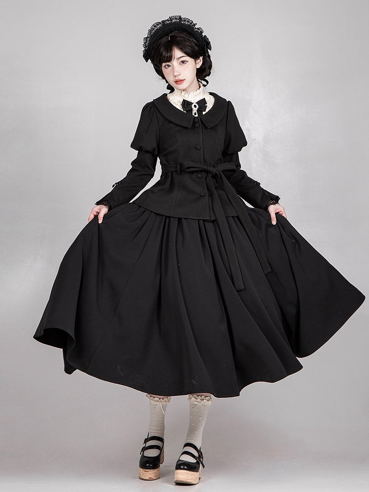 ブラック ジュリエットスリーブ ラウンドフラットカラー ロングスリーブコート