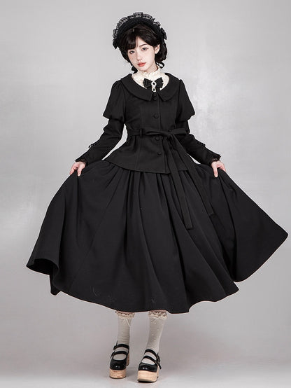 ブラック ジュリエットスリーブ ラウンドフラットカラー ロングスリーブコート