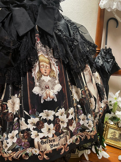 Lily and Puppet Doll Print Black Dark Gothic Lolita Short Sleeves Dress